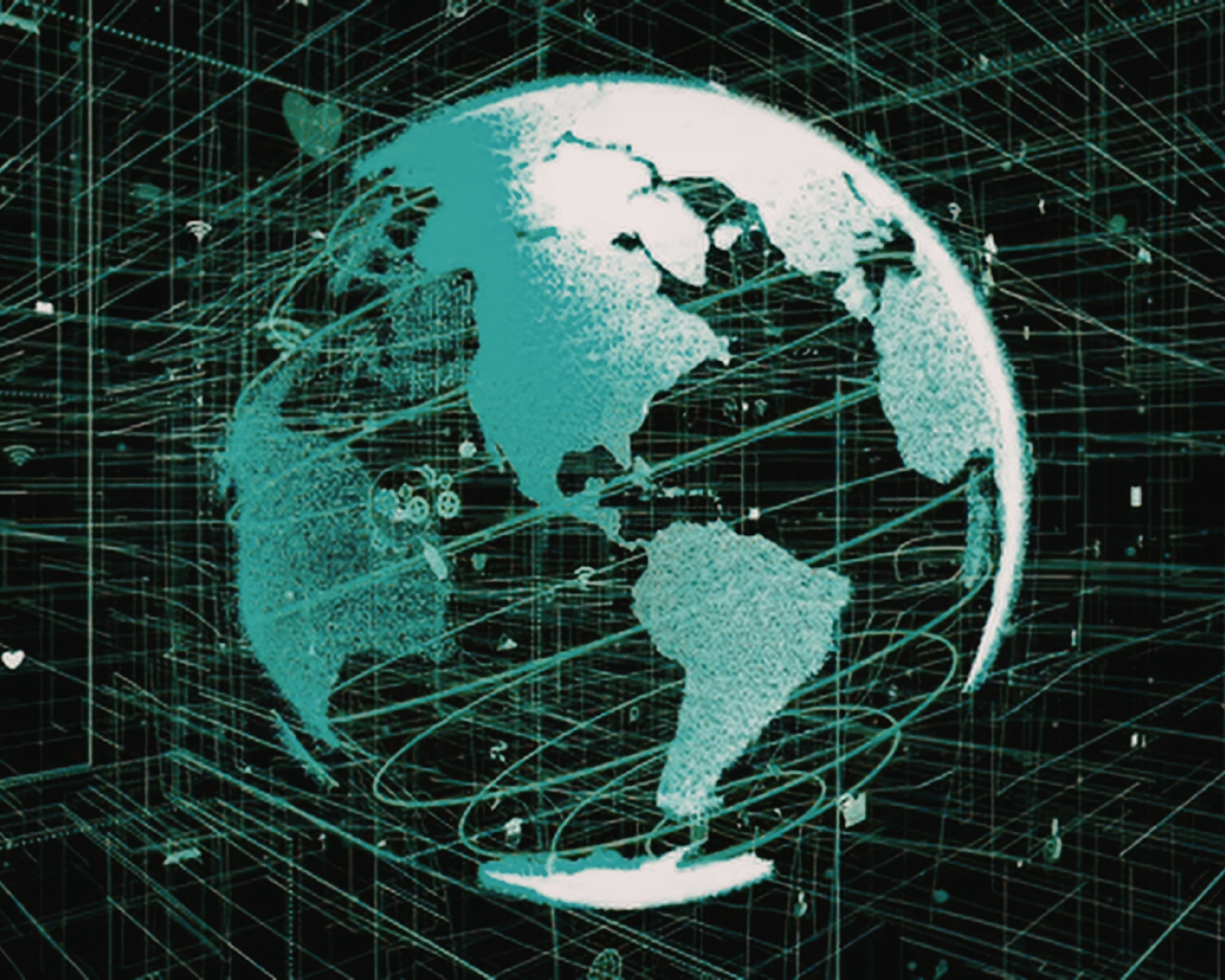 a globe on a black background with gird lines and dots
