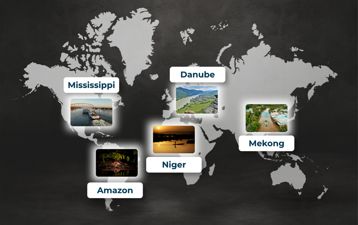 A black and white world map graphic with images and titles representing the 5 major river basins in the group: Mississippi (a tug boat about to go under a bridge during the day, Amazon (a caiman crocodile peers out of the river at night), Niger (a silhouette of a man standing on a boat at sunset), Danube (Green mountains, a mountain town, and a river flowing in between during the day), and Mekong (a boat on a river during the day travels in between a forest and a town).  