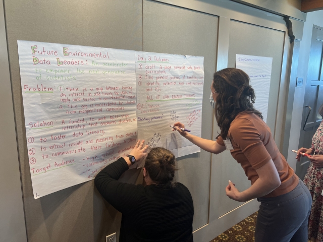 Large pieces of paper with handwritten ideas are attached to a wall. Two people are using markers to add feedback.