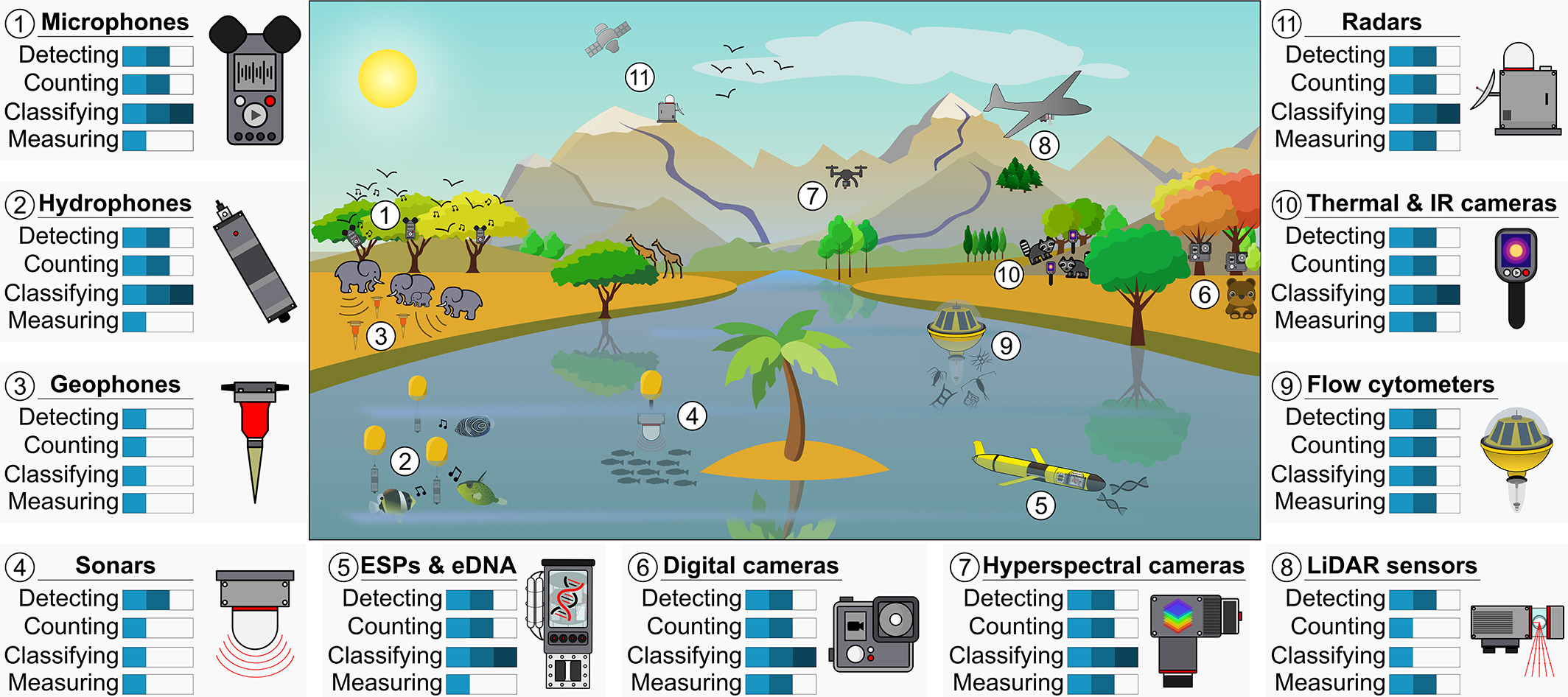 figure 2 A diversity of automatic recorders to monitor ecological communities non-invasively and remotely. (1) Vocalising birds being monitored by microphones deployed on trees. (2) Stridulating and drumming fishes being recorded by hydrophones attached to moorings. (3) Walking elephants producing ground vibrations perceived by geophones. (4) Fish shoal being detected by a sonar. (5) Oceanic glider navigating an Environmental Sampling Processor (ESP) to sample eDNA. (6) Bear being detected by camera traps fixed on trees. (7) Hyperspectral camera mounted on a drone and monitoring tree composition in a forest. (8) LiDAR sensor mounted on an unmanned aerial vehicle monitoring multiple forest canopies. (9) Imaging flow cytometer attached to a mooring and recording planktonic communities. (10) Racoons being detected by thermal and IR cameras at night. (11) Stationary radar and a satellite radar, respectively, monitoring bird and large mammal populations. Recorder's ability to detect the presence of living organisms, count their numbers, classify them at the species level and measure their traits (e.g. behavioural, functional and morphological traits) is evaluated from 1 to 3 levels as follows: 1 bar corresponds to ‘in corner-case situations only’, 2 bars corresponds to ‘in specific conditions and on specific organisms (for detecting, counting and classifying) or for a limited number of features (for measuring)’, and 3 bars corresponds to ‘in most cases and for most organisms (for detecting, counting and classifying) and for several features (for measuring)’.