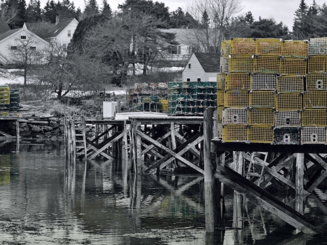 New England lobster traps piled up on the piers.