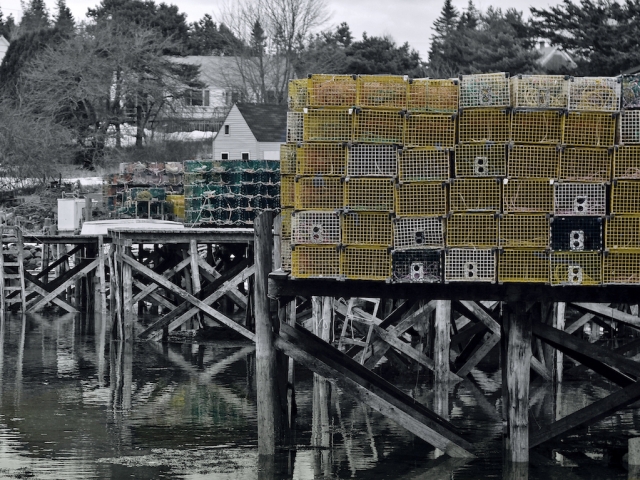 New England lobster traps piled up on the piers.