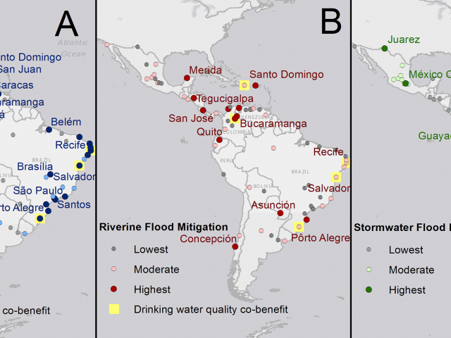 Drinking water quality and flood mitigation maps of South America