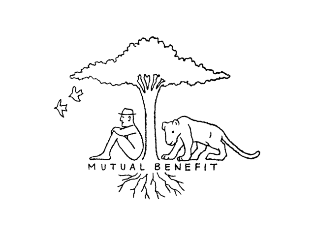 illustration of man and cougar under a tree