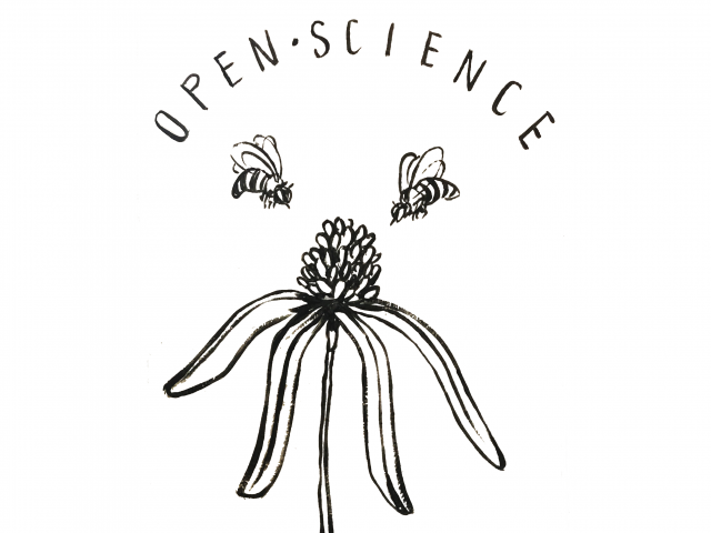 illustration of flower and bee that says Open Science Promotes More Honey