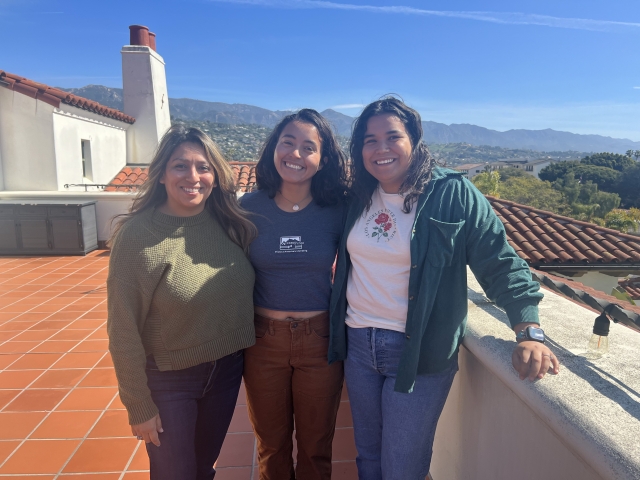 A photo of three women data scientists on the NCEAS terrace
