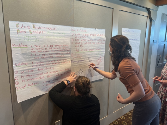 Two scientists write on a sticky poster about DEIJ in Data Science