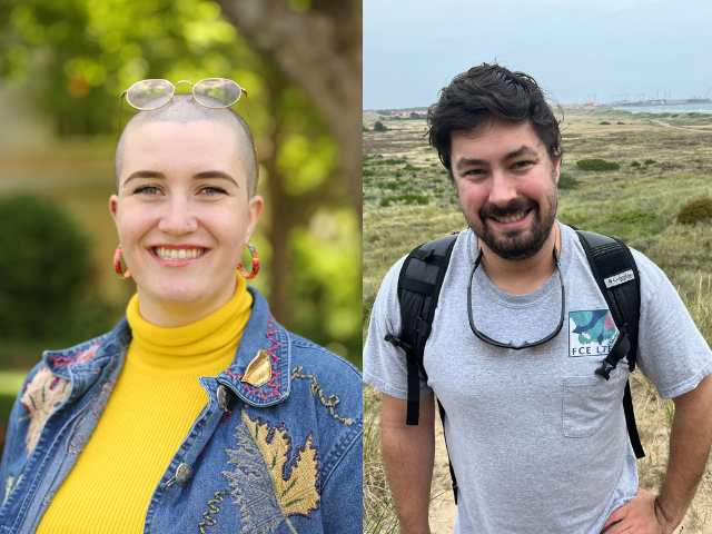 two people outside smiling but separate photos. 