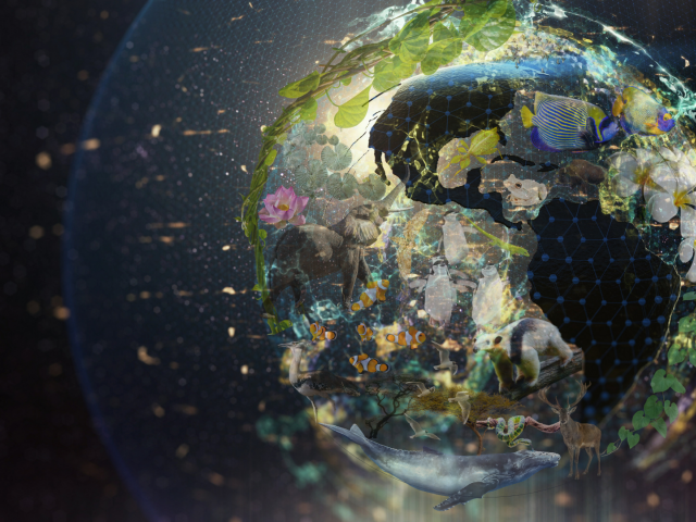 an earth with data overlay with a variety of wildlife overlayed larger