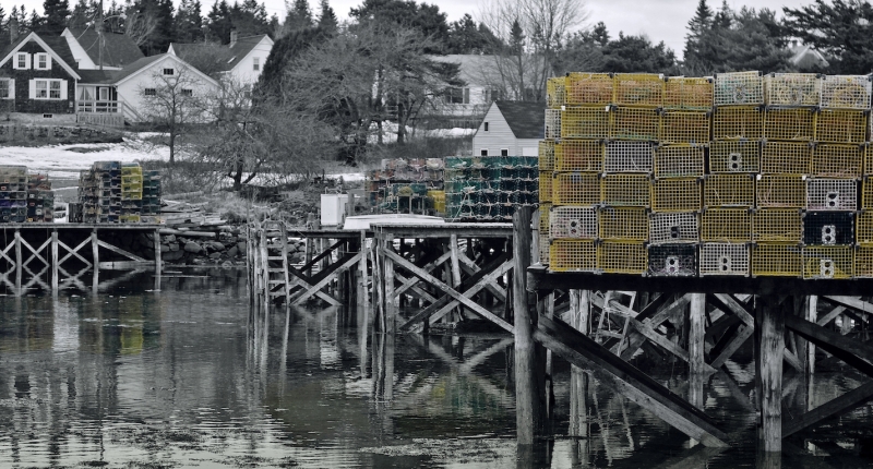 New England lobster traps piled up on the piers.