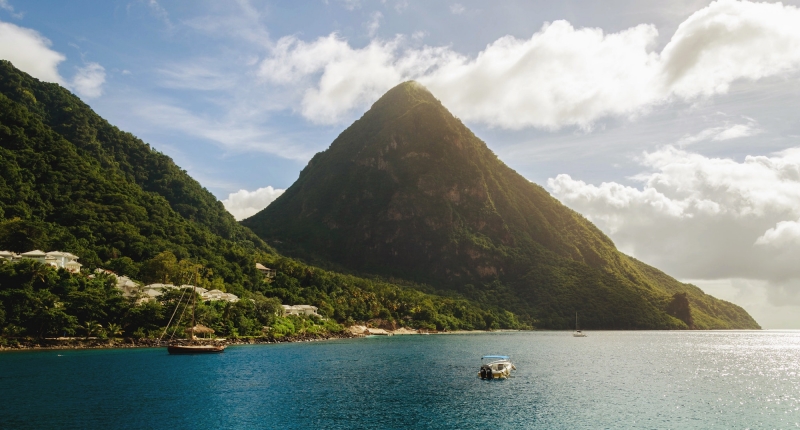 Island mountain with boats in the water