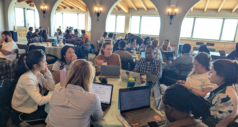 groups of people working at tables