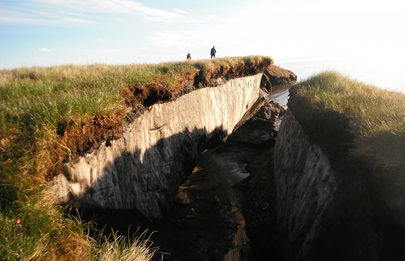 Two people standing at edge of eroded coastline, showing ice under layer of vegetation