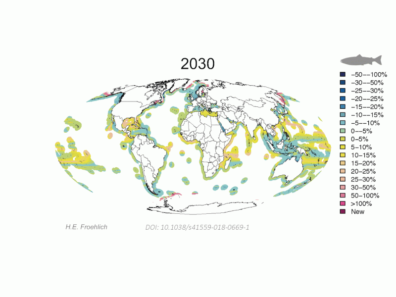 Global map showing change in aquaculture production from 2030 to 2090