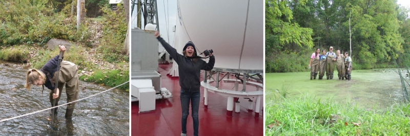 Three photos of women conducting field research