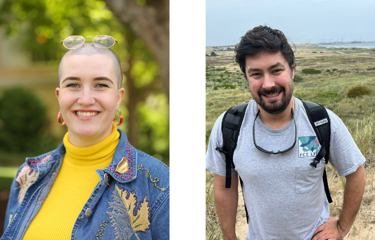 two people outside smiling but separate photos. 