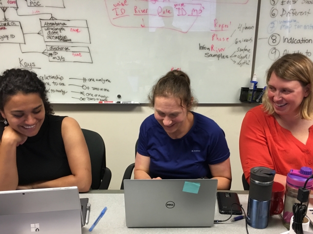 Three women sitting at laptops smiling