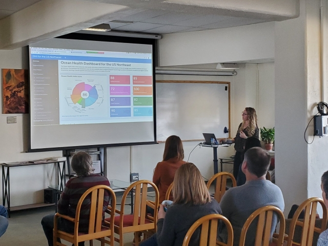 Woman giving presentation with slides on a screen