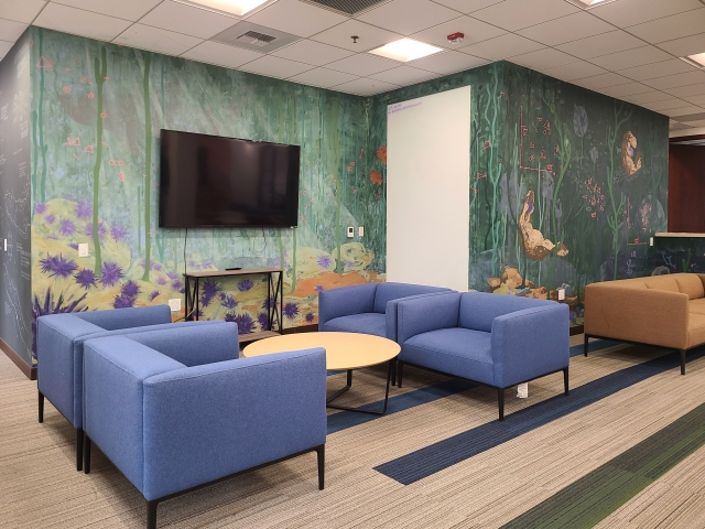 View of part of the NCEAS third floor lounge, featuring a sea-themed mural by Leila Youssefi. 