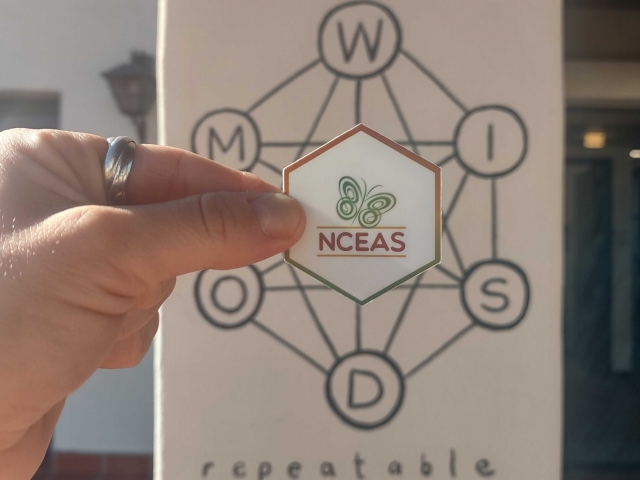 A hand holds a hexagon-shaped sticker of the NCEAS logo. Behind the hand is a graphic that includes the words, "wisdom" and "repeatable"