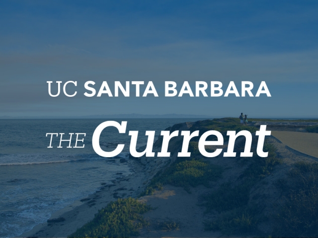 Text reads: UC Santa Barbara The Current. In the background is a faded image of the beach.